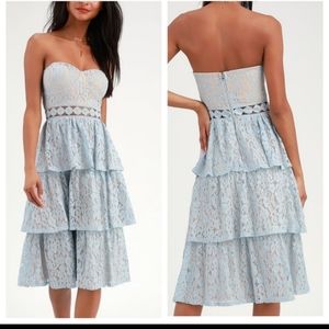 Lulus Adorn Light Blue Lace Strapless Midi Dress